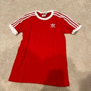 Adidas red 3-stripes tee women's